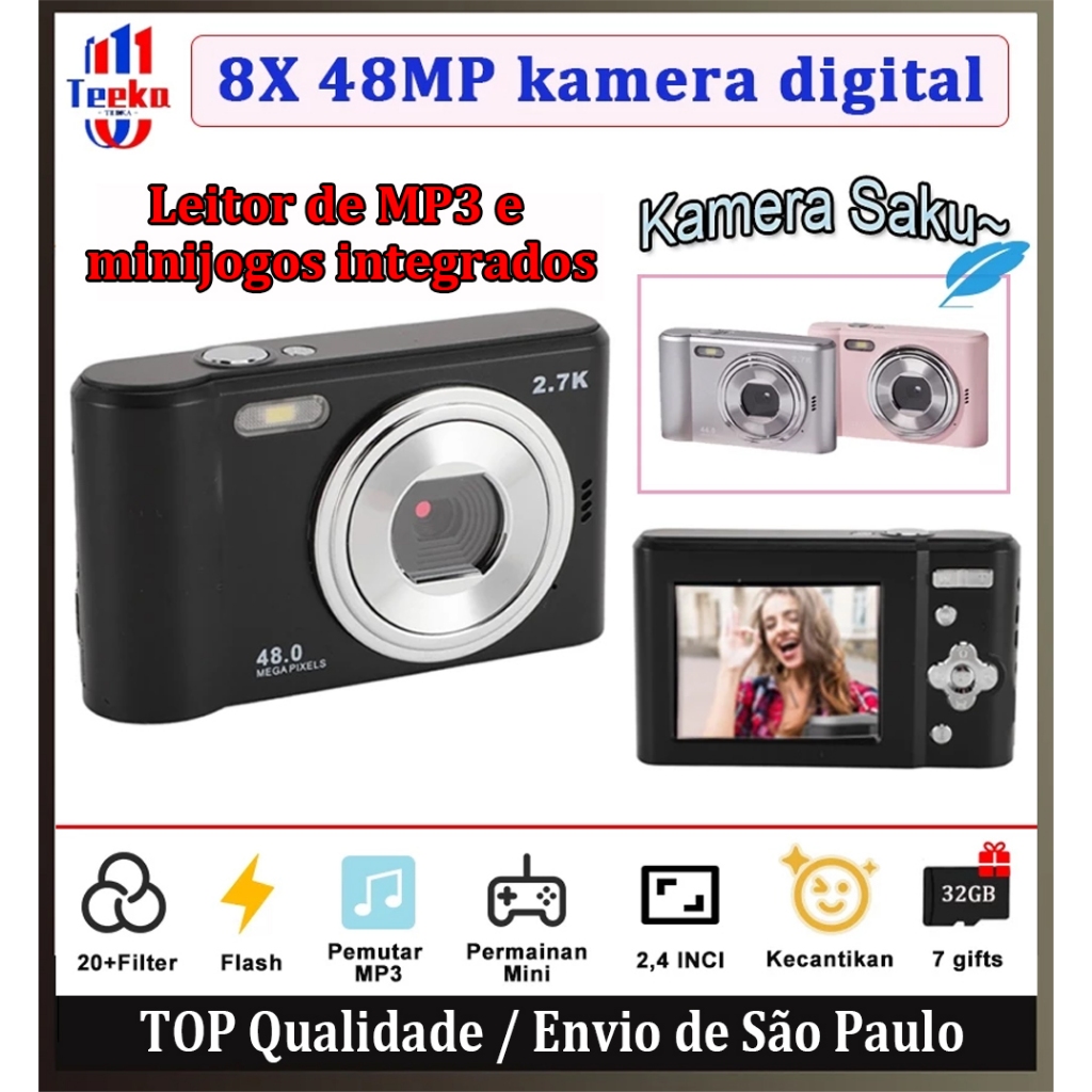 【Memória 32GB】TEEKA Câmera digital 48MP, tela de 2.4 polegadas, zoom digital de 8X, ótimo presente para inici