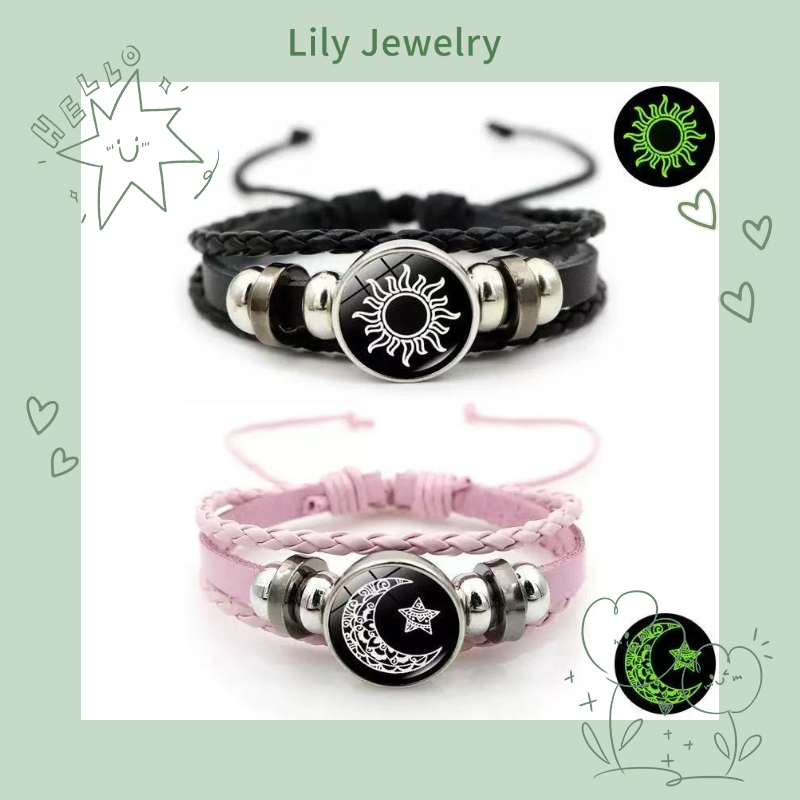 Pulseira luminosa tecida à mão Sun Moon Moda pulseira de casal de couro multicamadas