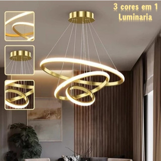 3 cores (110V-220V) Lustre de três anéis de ouro de teto nórdico de luxo para sala de jantar e sala de estar