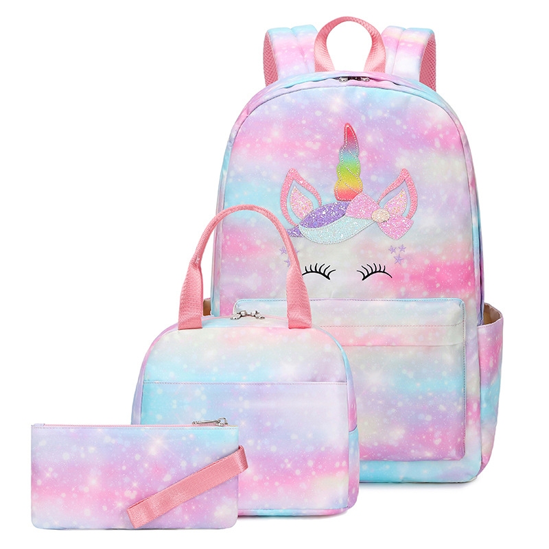 Kit Mochila Infantil Feminina Escolar Menina Grande Capacidade Impermeável com Lancheira Unicórnio