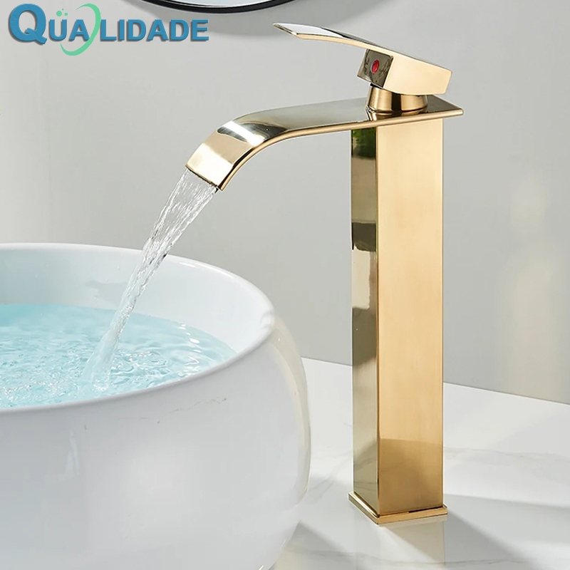 Torneira Banheiro Dourado Cascata Misturador Monocomando Torneira Lavabo Premium