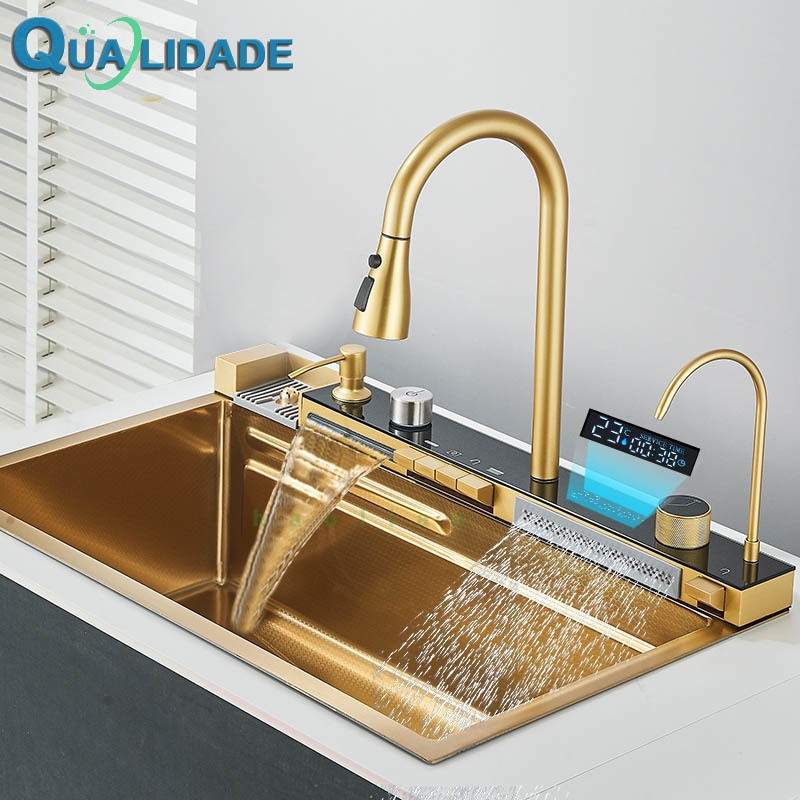 Kit Cuba Cozinha Gourmet Luxo Aço Inox 304 Ouro Fosco Com Acessórios Conjunto De Torneiras 75cm em Oferta na Shopee