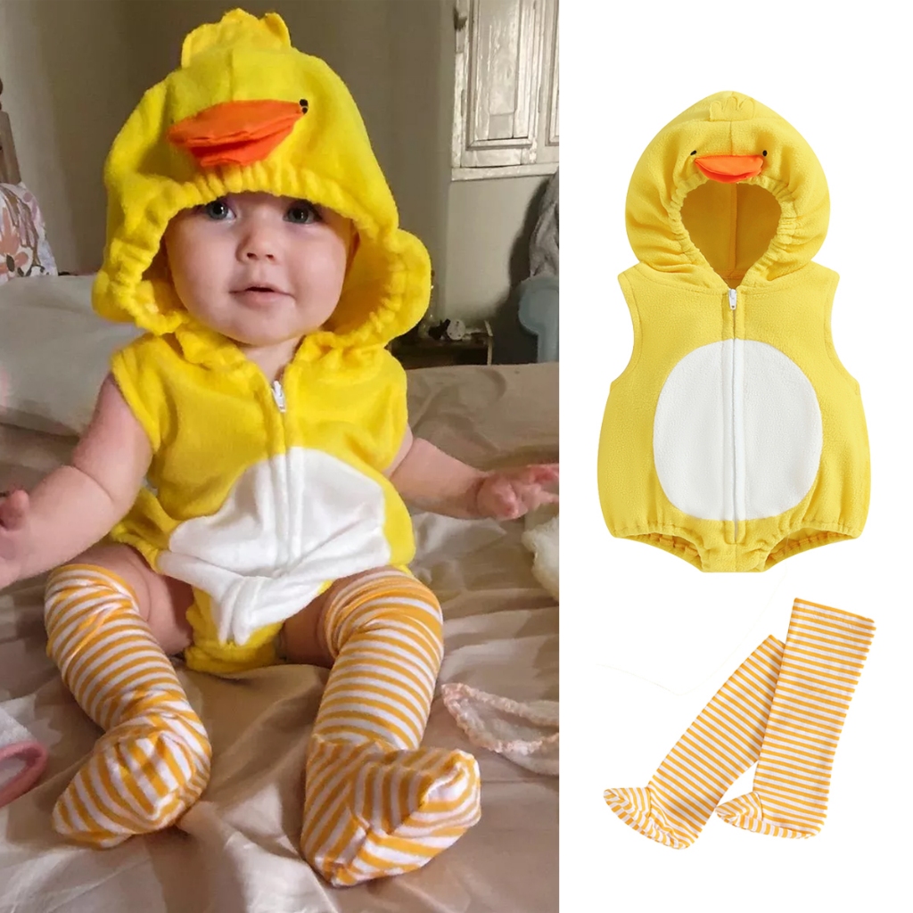 Macacão Infantil 0-24 Meses Menino/Menina Animais Pintinho Manga Curta Capuz Meia Listrada Zí，roupa bebê，conjunto em Oferta na Shopee