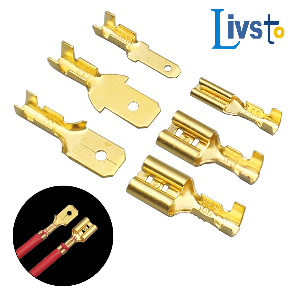 50 Pçs/Lote 2.8/4.8/6.3mm Fêmea E Macho Conector Terminal De Crimpagem Ouro Latão/Prata Alto-Falante Do Carro Conjunto D