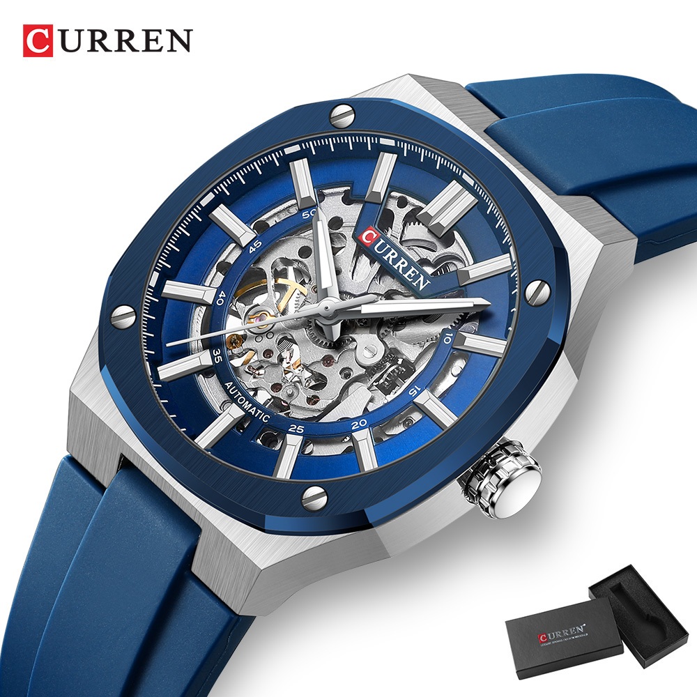 Relógios Mecânicos Masculinos CURREN Genuíno Novo Automático Mãos Luminosas Moda Retro Pulseira De Silicone Casual Espor