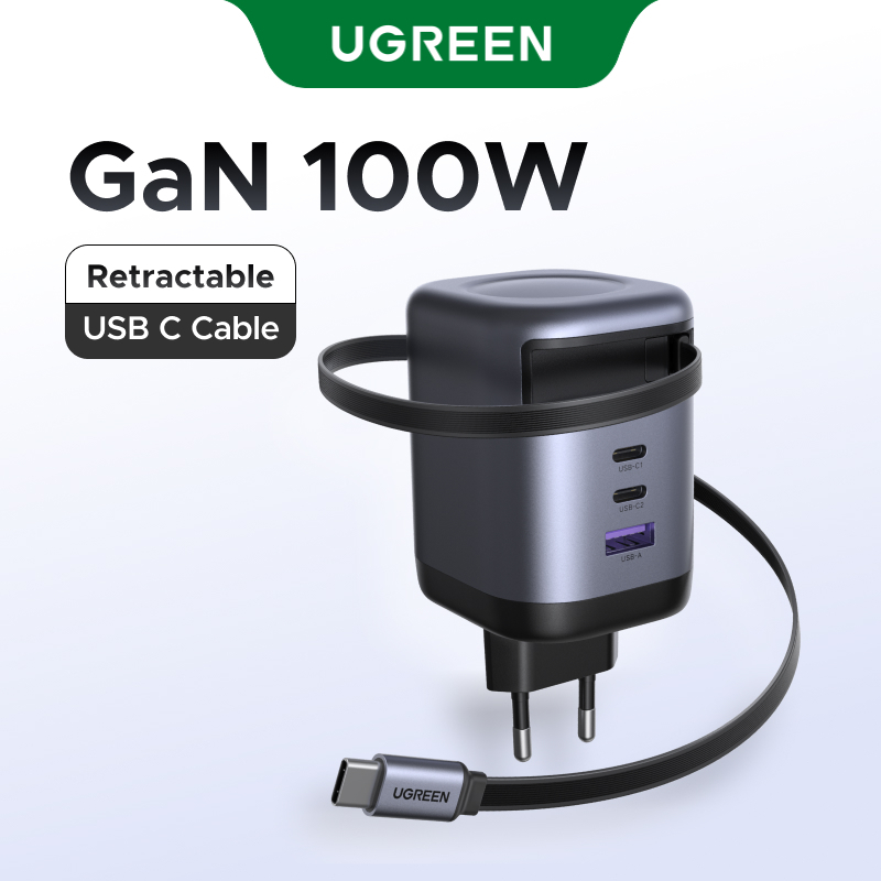 UGREEN 100W 4 Portas GaN Cabo Retrátil De 75 Cm USB A C Carregador Rápido Para iPhone 16 Pro Max , 15,14