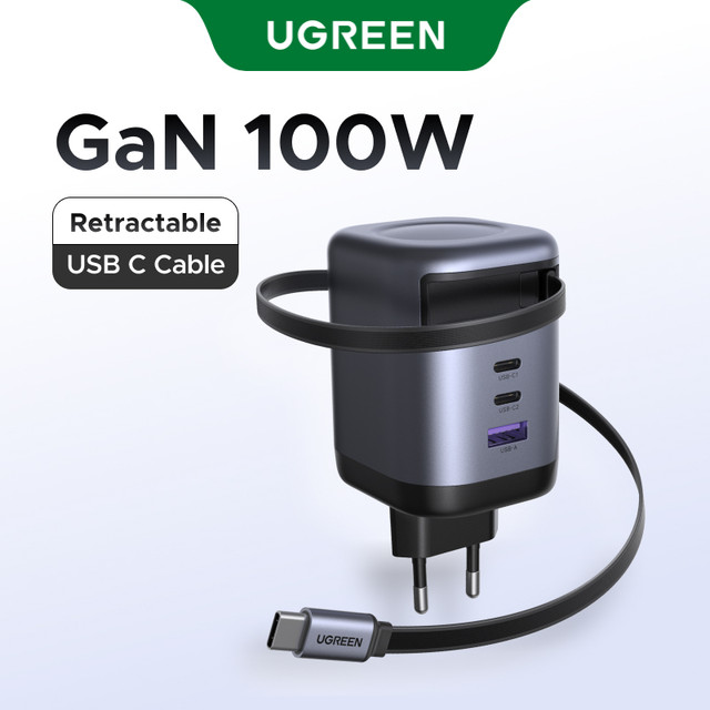 UGREEN 100W 4 Portas GaN Cabo Retrátil De 75 Cm USB A C Carregador Rápido Para iPhone 16 Pro Max , 15,14