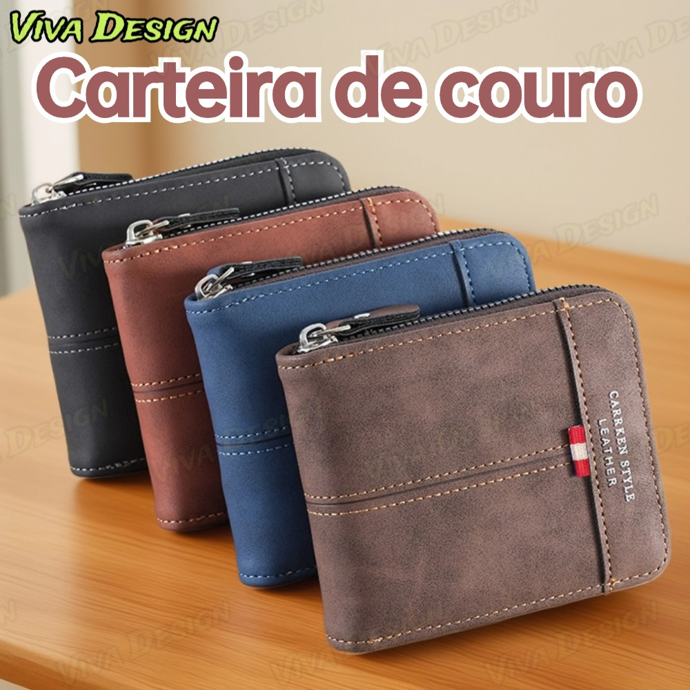 Homens Novo Estilo Carteira de Couro com Zíper Carteira Curta Multifuncional Porta-Carteiras Multifuncionais Porta-Cartõ em Oferta na Shopee