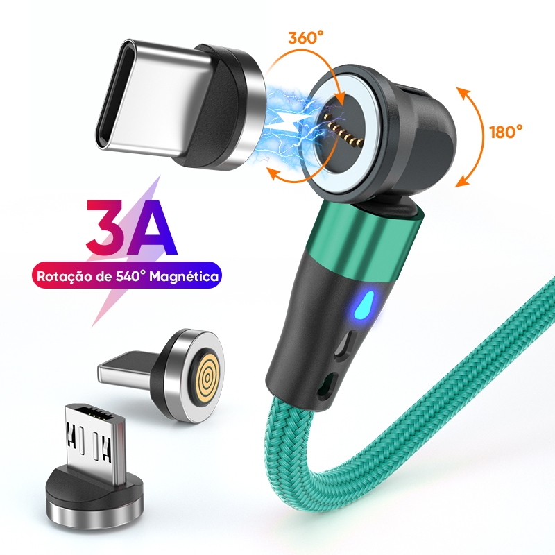 Cabo Carregador Magnético 3 em 1 540 Rotativa 3A Carregador Rápido USB Tipo C Para Iphone E Xiaomi