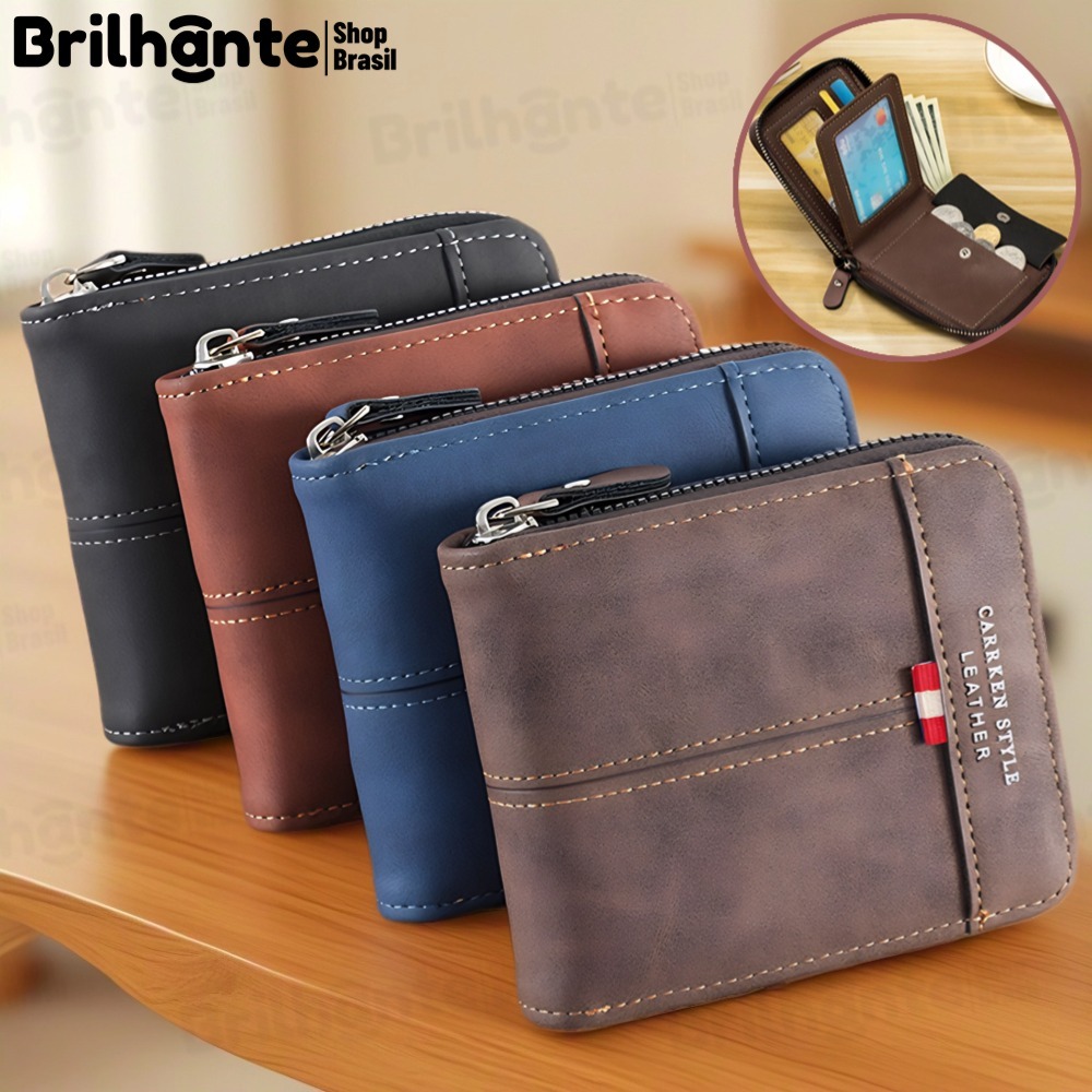 Novo Estilo Carteira de Couro Multifuncional com Zíper e Porta-Cartões de Identidade Lazer Grande Capacidade Carteira em Oferta na Shopee