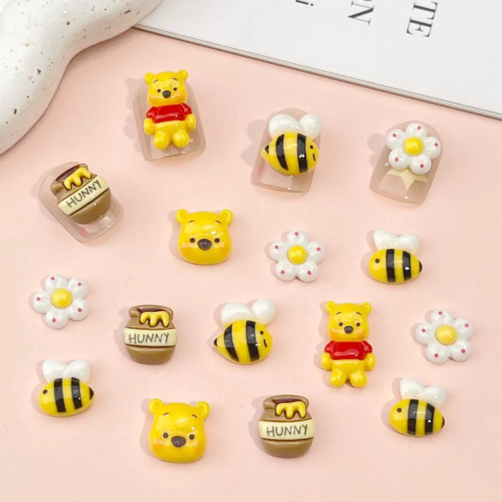 20 peças de resina colorida Mini abelha de desenho animado, vaso de abelha, flores, ursinho arte de unha com parte trase em Oferta na Shopee