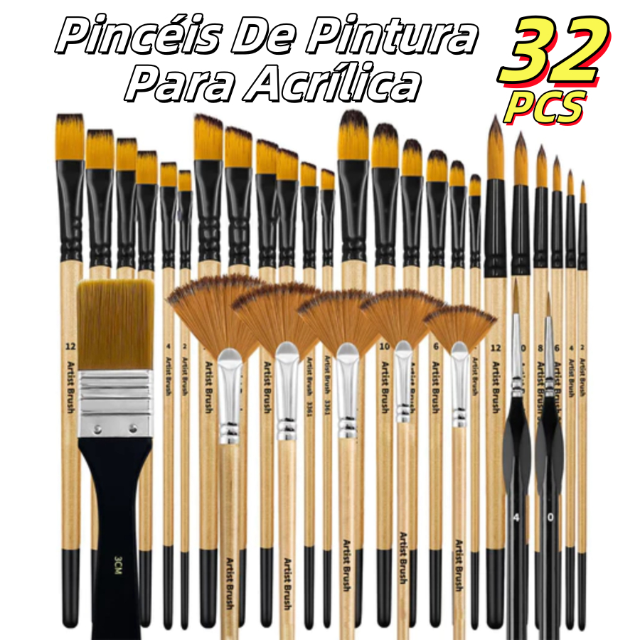Kit 32 Peças Pincéis De Pintura Para Acrílica, Cerdas De Nylon Premium Com Redondo, Filbert, Plano, Ventilador