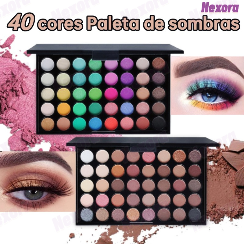 Paleta de Sombras com 40 Cores-Acabamento Matte e Shimmer Alta Pigmentação Efeito Esfumado e Longa Duração Escovar
