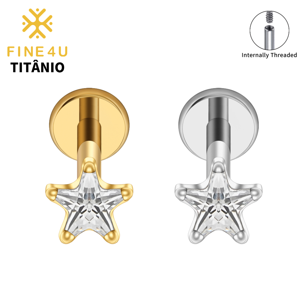 FINE4U Piercing Estrela Titânio Labret Tragus Helix Cartilagem Conch Nariz Brinco 3mm