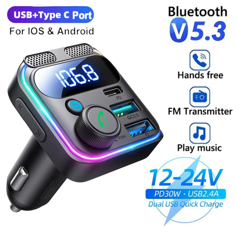 48W PD QC 3.0 Carregador De Carregamento Rápido Do Carro Bluetooth 5.3 MP3 Auido Player Transmissor FM Microfones Duplos