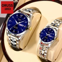 ORUSS Casal Original Calendário Duplo Aço Inoxidável À Prova D 'Água Luxo Luminoso Relógio de Negócios Moda Coreano Reló