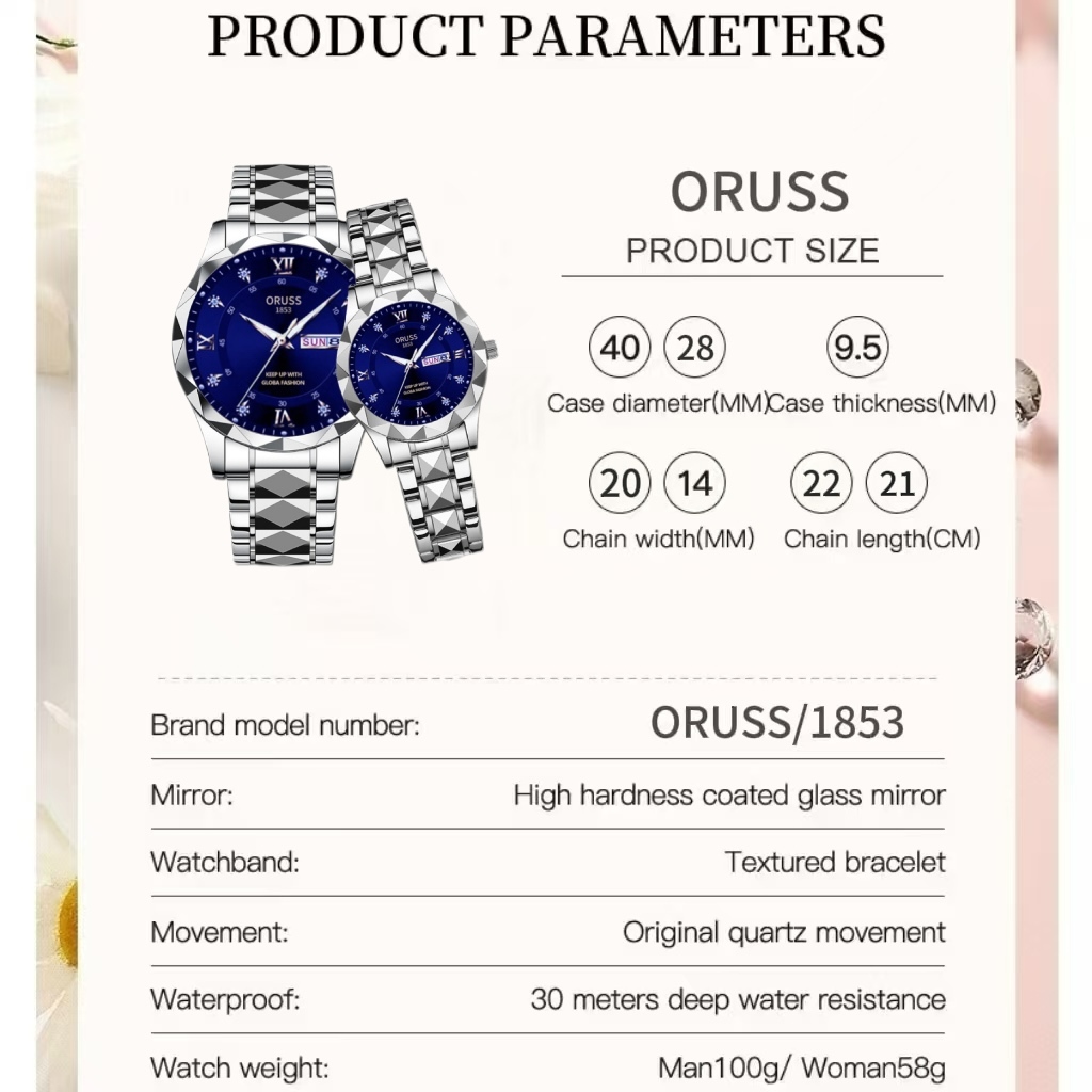 ORUSS Casal Original Calendário Duplo Aço Inoxidável À Prova D 'Água Luxo Luminoso Relógio de Negócios Moda Coreano Reló · foto 2