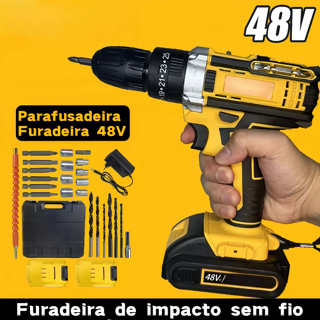 Parafusadeira Furadeira 48V 2 Baterias Com Maleta e Acessórios Completo