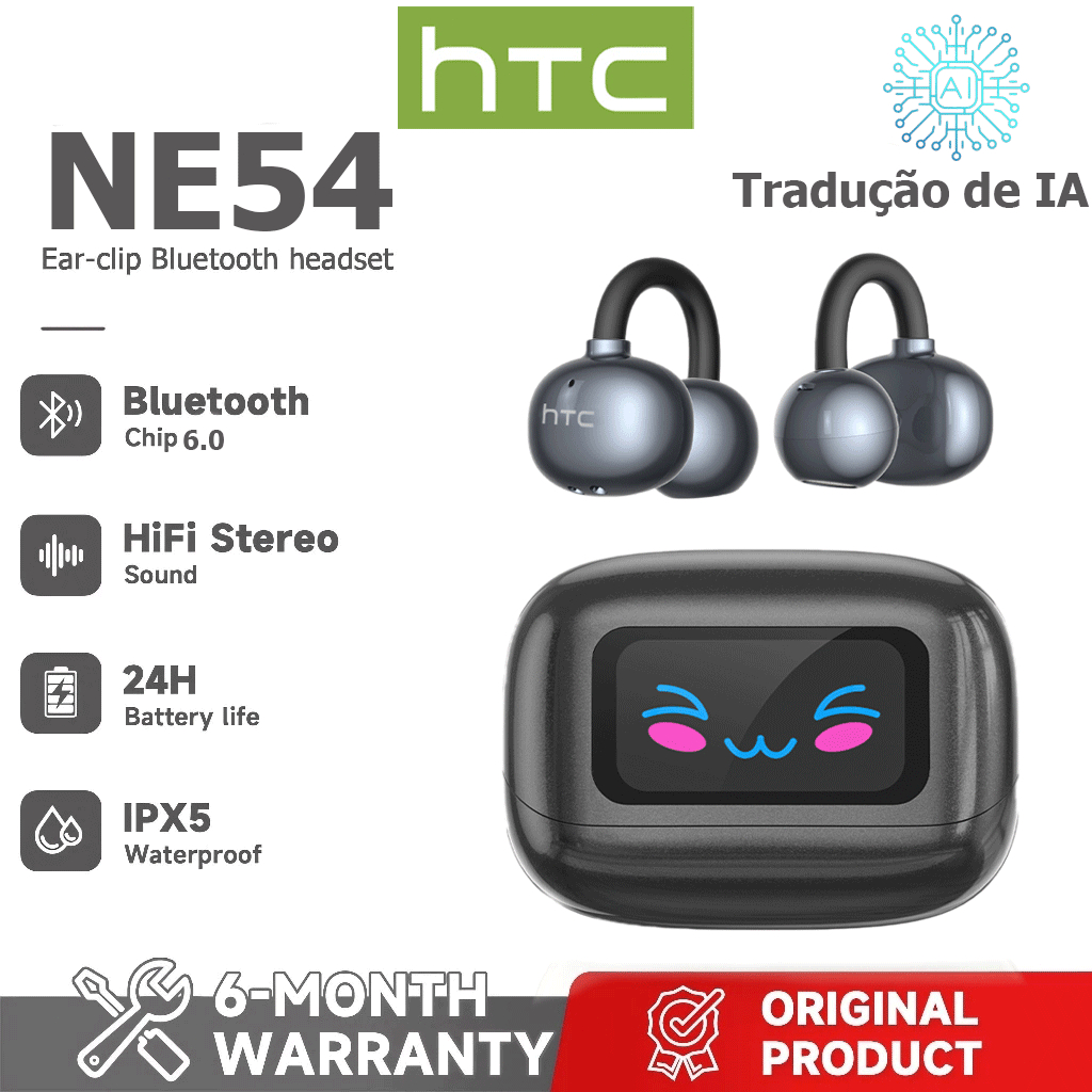 HTC NE54 AI Tradução Headset Tradução em tempo Real TWS Fone de ouvido Bluetooth Bluetooth 6.0 HiFi Qualidade de som IPX