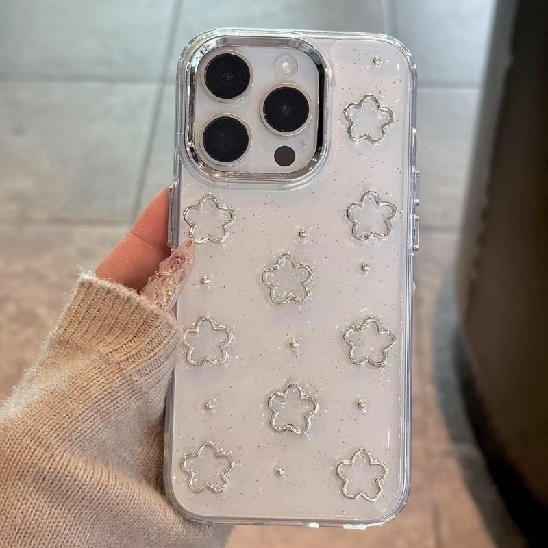 INS Coreia Glitter 3D Prata Flor Caso De Telefone Para iPhone 16 15 14 13 12 11 Pro Max 7 8 Plus X XS Epóxi Escudo Menin