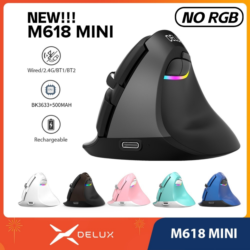 NORGB-Delux M618 Mini Mouse Vertical Ergonômico Para Jogos Sem Fio Silencioso Bluetooth Tipo-C Bateria Recarregável Rato em Oferta na Shopee