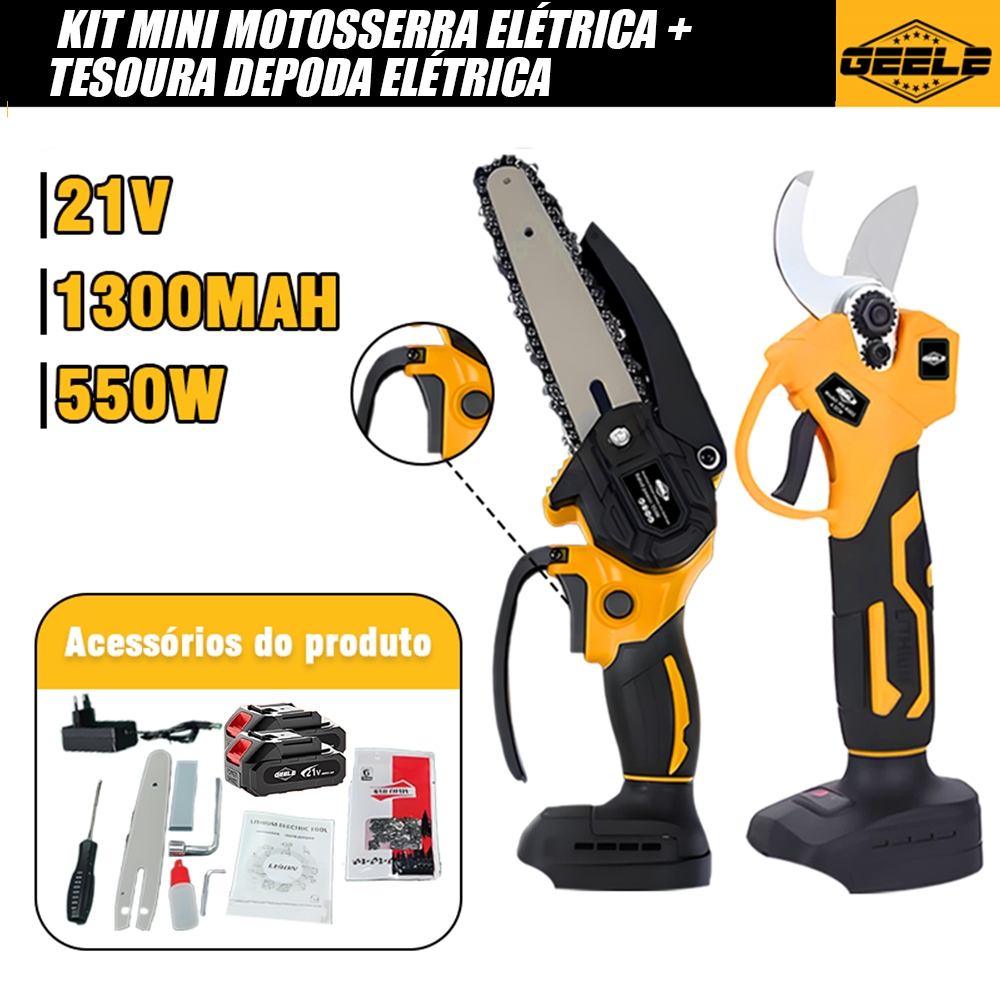 Conjunto de ferramentas de jardinagem com bateria de 21 V, incluindo tesoura de poda e motosserra