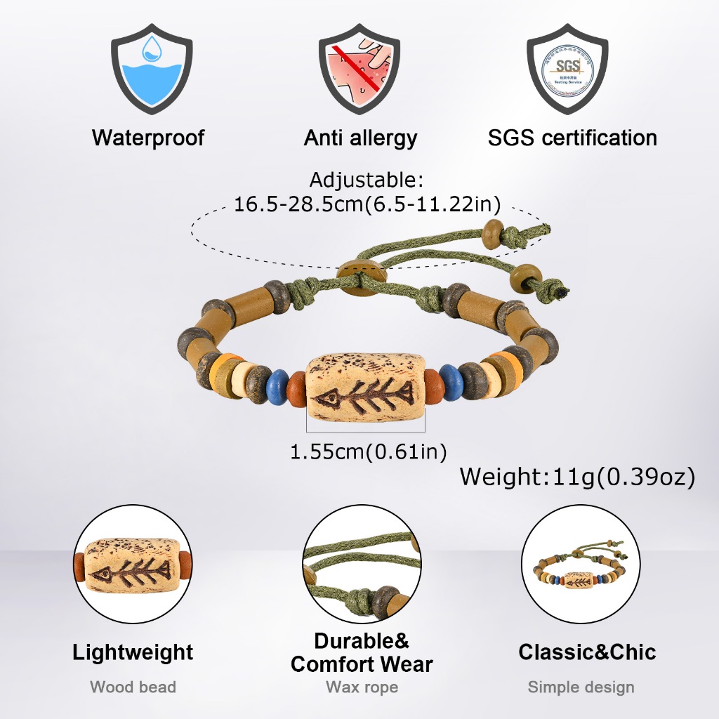 Pulseira Étnico Retrô Espinha de Peixe com Contas Vnox Masculina, Com Contas Triplas Jóias De Tamanho Ajustável Presente
