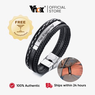 Vnox Jóias Masculino Personalizado Gravado Preto Pulseira De Couro Trançado De Aço Inoxidável Pulseiras Da Moda em Oferta na Shopee