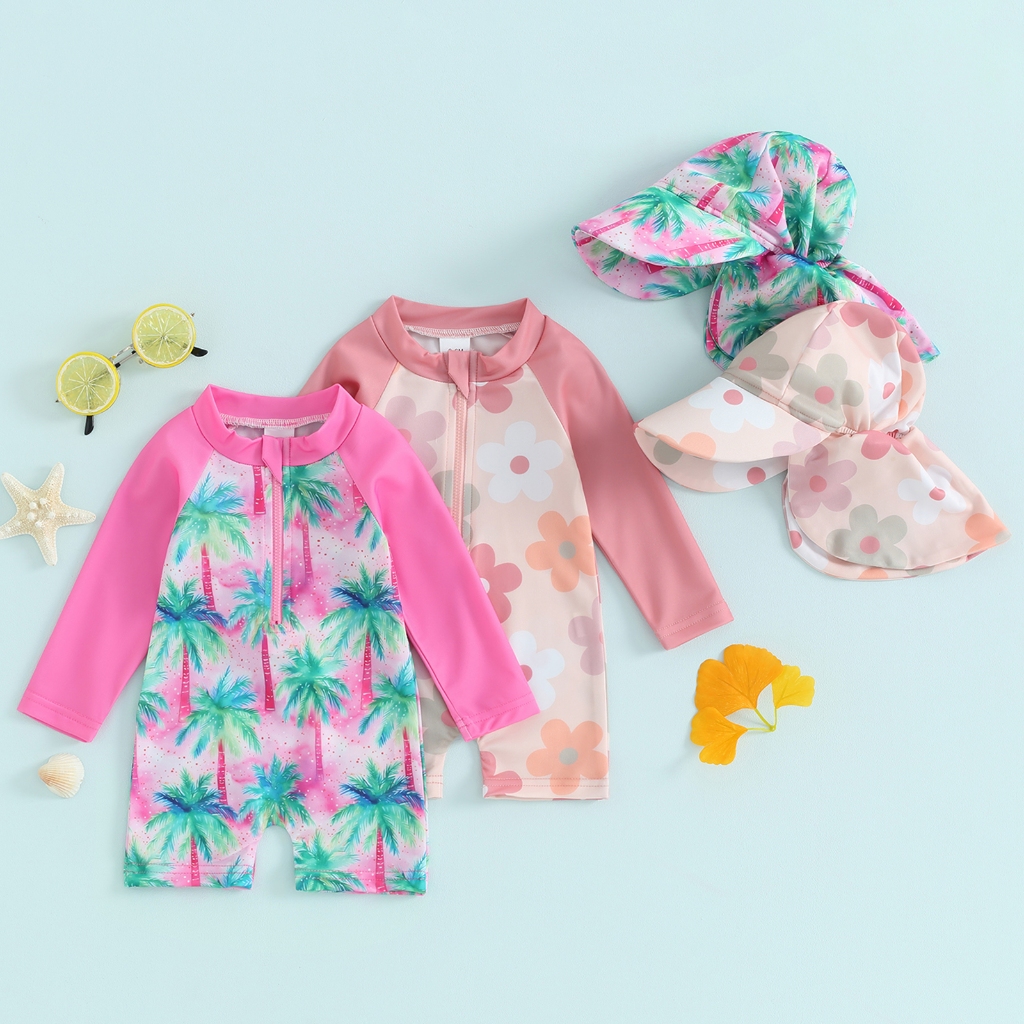 Trajes De Banho Para Bebês Meninas De 0 A 3 Anos , Manga Comprida , Estampa Floral/Trópico , Zíper , Com Chapéu