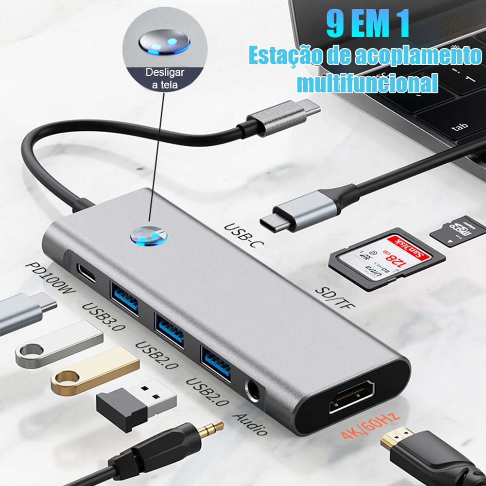 HUB 9em1 HDTV 4K PD100 W USB-C com áudio TF/SD para MacBook Pro e iPad, tela desligada com um clique