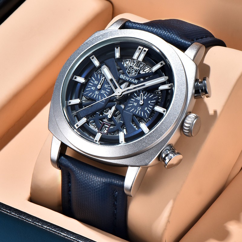 BENYAR Relógio Masculino De Quartzo Casual Esportivo Luminoso Couro Cronógrafo À Prova D'água Para Homens BY-5205