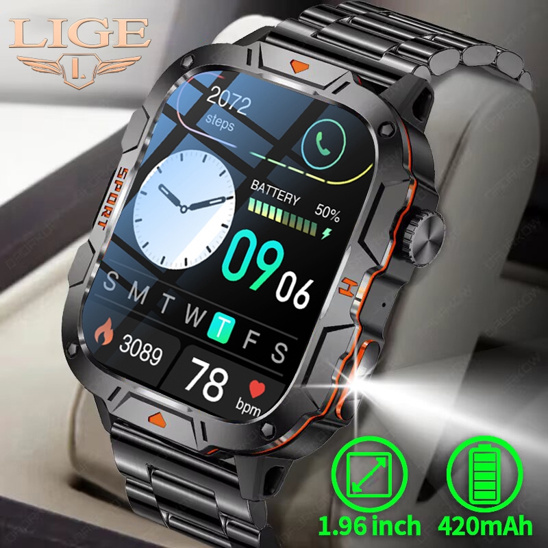 LIGE LED UV relógio inteligente masculino HD tela de 1,96 "com lanterna 100+ esportes à prova d'água