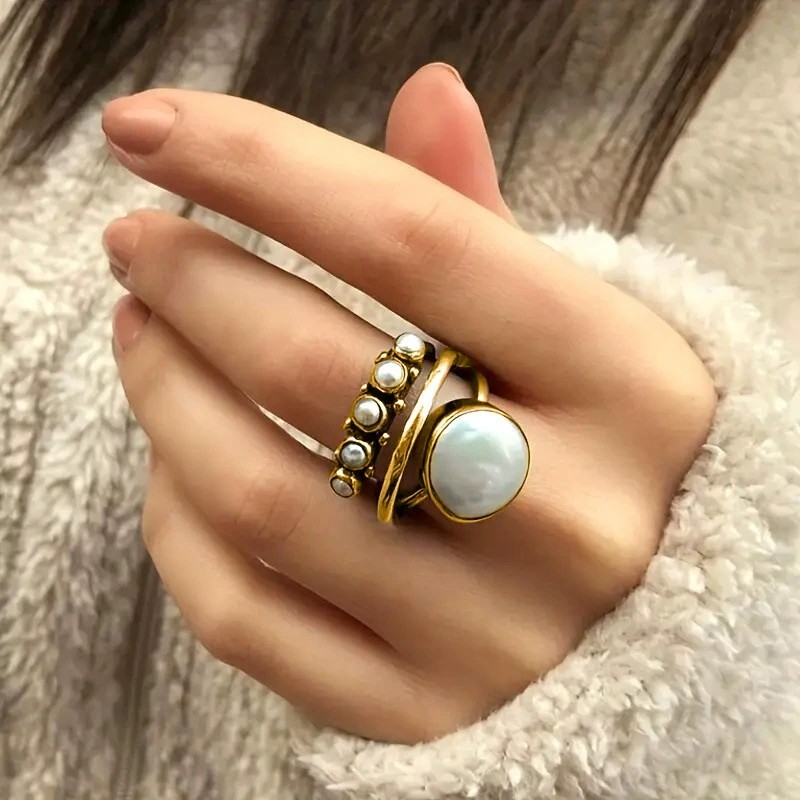 Acessórios de moda Retro anel de prata angustiado anel redondo três camadas cruz imitação pérola anel