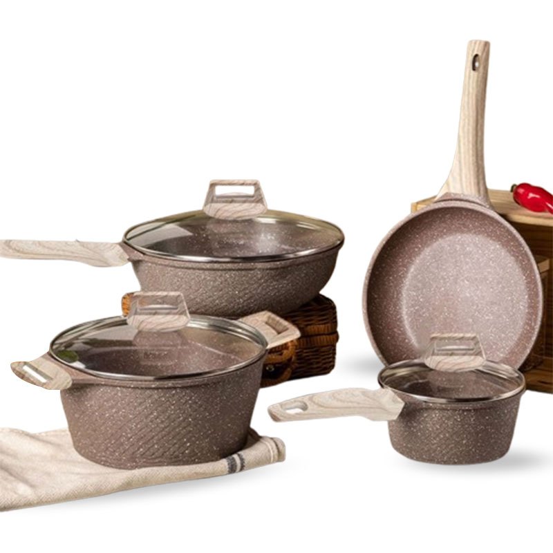 Imagem Jogo de Panelas 4 Peças Indução Gás Conjunto de Panelas Cerâmico Cabo Ergonômico Madeira