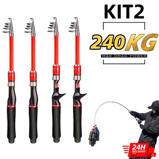 KIT Vara De Pesca 200kg Vara De Pesca Telescópica Fibra De Vidro Esportiva Ao Ar Livre Robalo Portátil