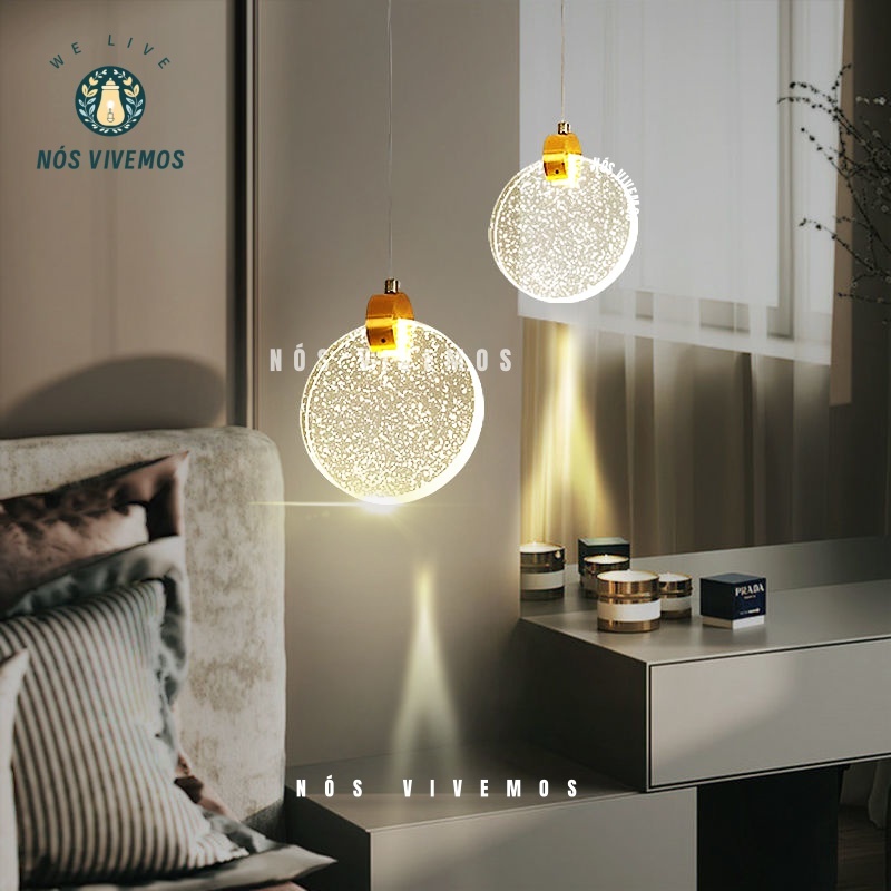 Luminária Pendente Disco Pendente de Cristal Bolhas Dourado Led
