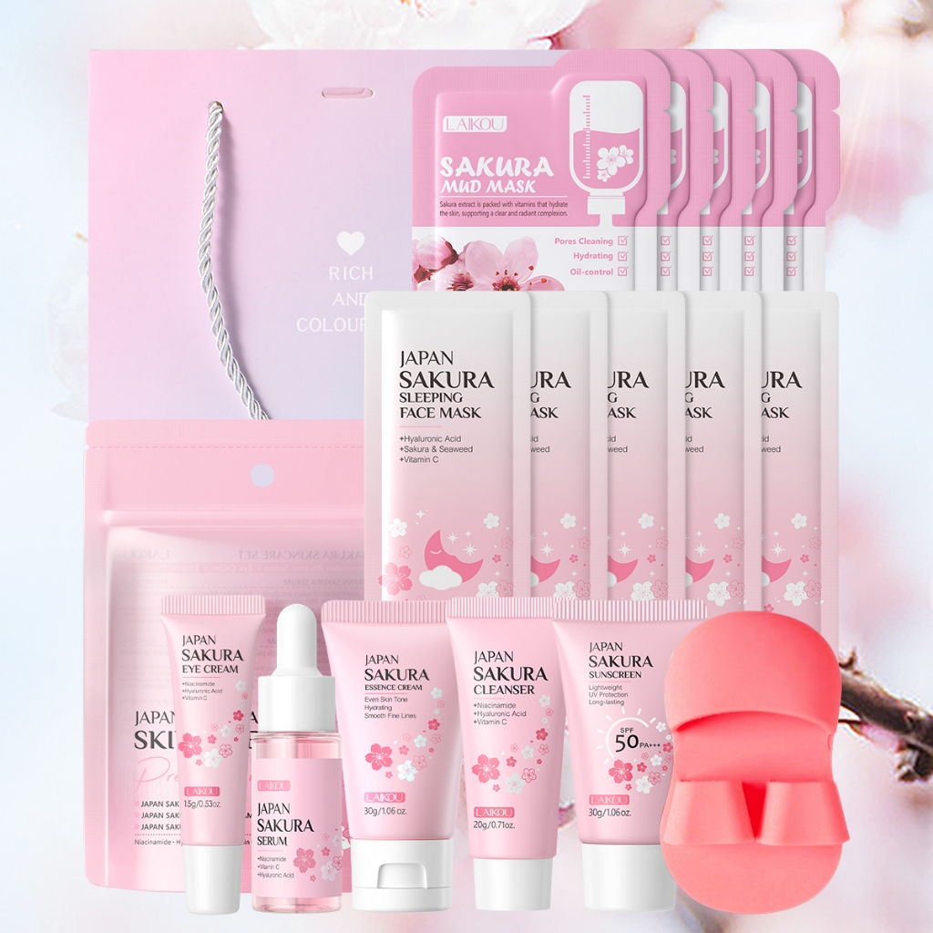 LAIKOU Japão Sakura Skincare Set Bloom In Radiance-Magic Para Pele Hidratada E Jovem 15 Unidades