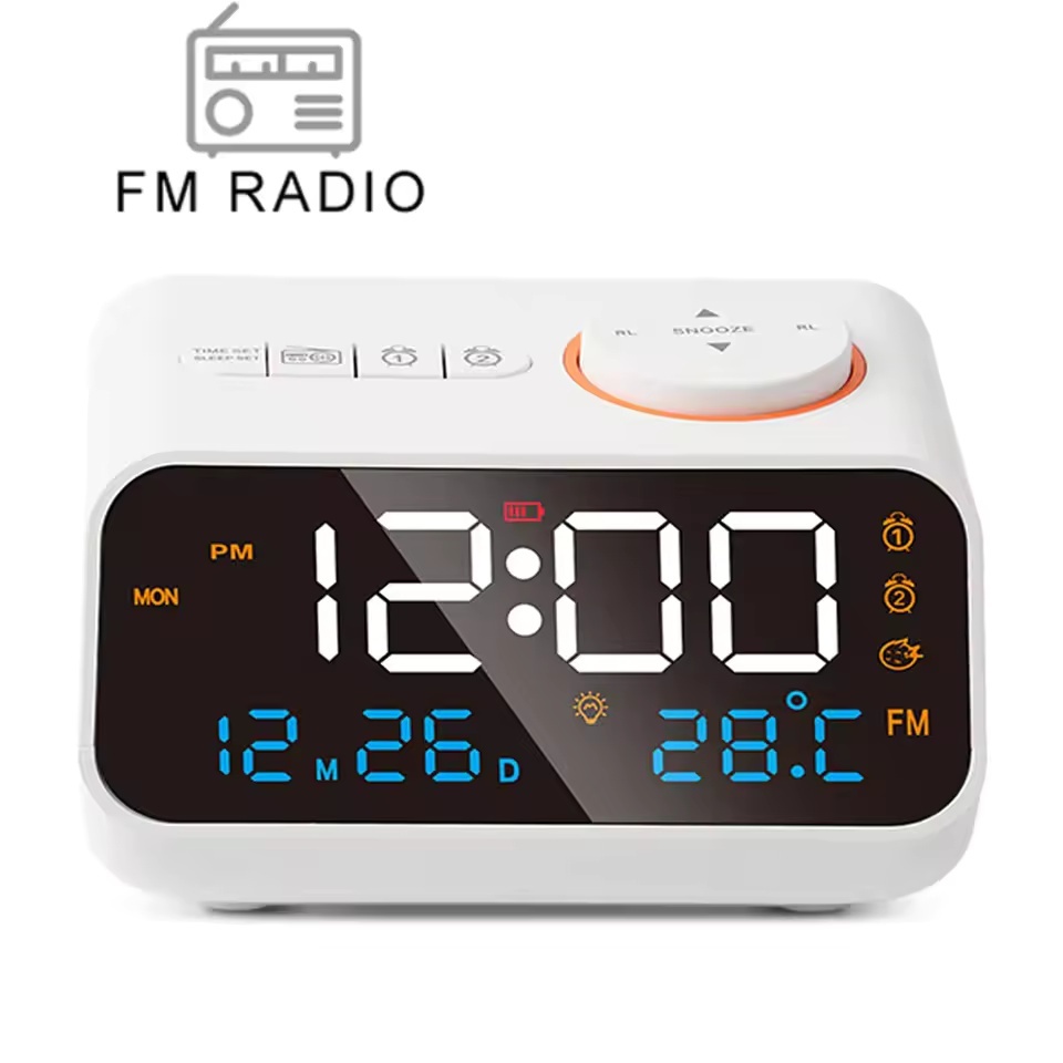 24hr Rádio FM LED Despertador Cabeceira Acordar Relógio De Mesa Digital Calendário Temperatura Umidade Tela Carregamento