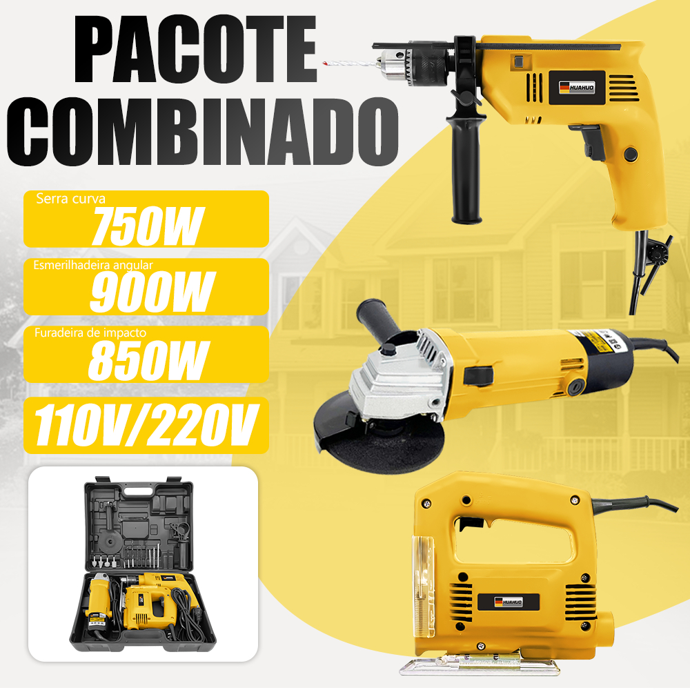 Kit Furadeira de Impacto, Esmerilhadeira Angular e Serra Tico-Tico com Acessórios e Maleta de Transporte em Oferta na Shopee