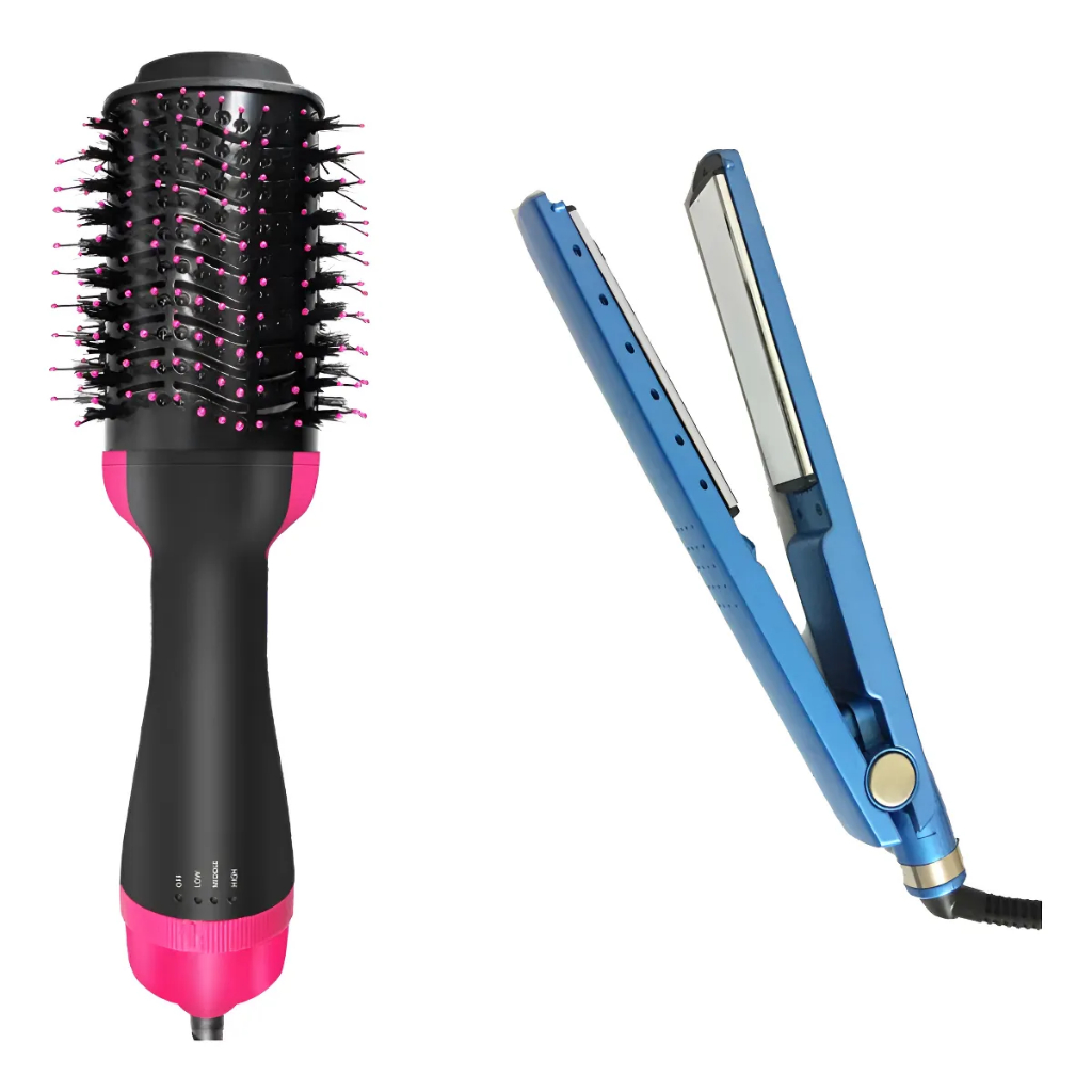 Kit Escova Rotativa para Cabelo Secador e Chapinha 2 em 1 110V/220V+ Chapinha Multi-temperaturas em Oferta na Shopee