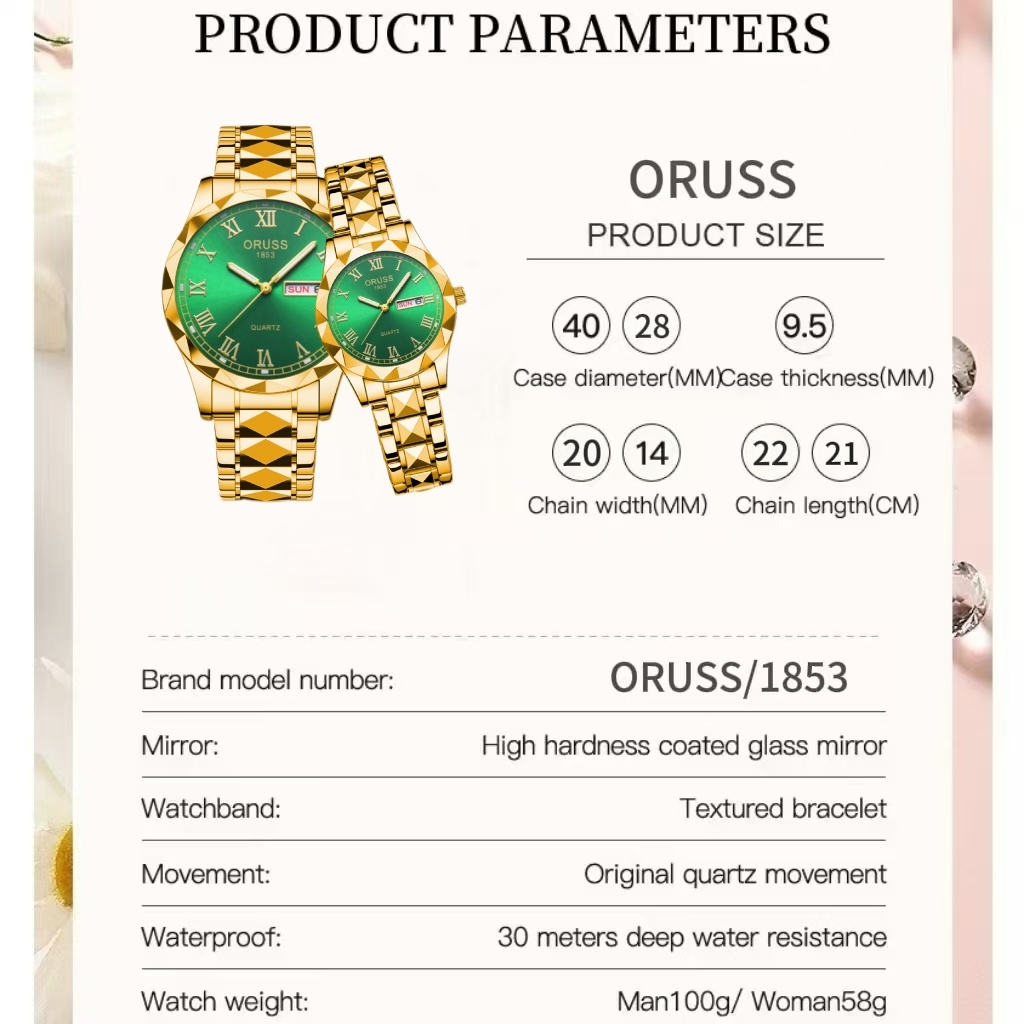 ORUSS Casal Original Luxo Aço Inoxidável Ouro À Prova D 'Água Luminoso Calendário Duplo Relógio de Moda Negócios Versão · foto 2