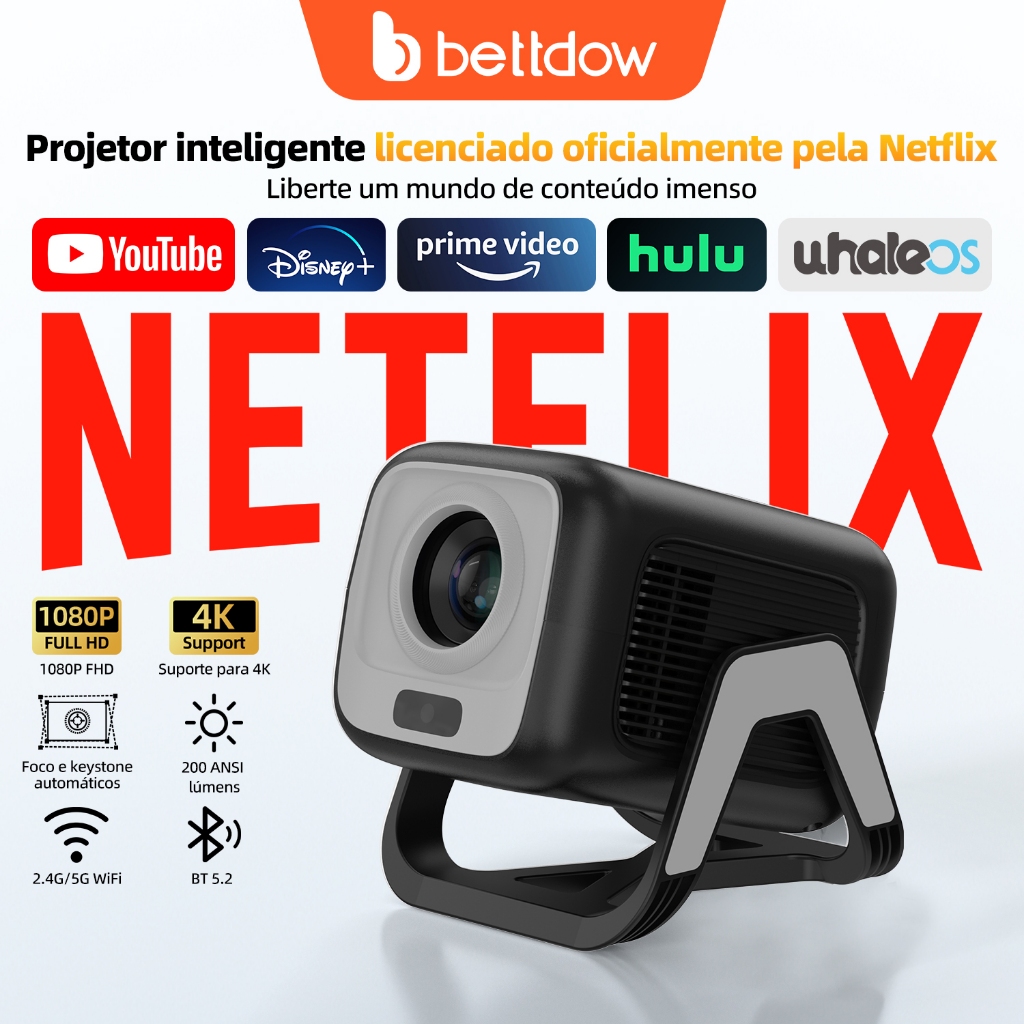 BETTDOW Projetor Netflix Genuíno 1080P Resolução Full 4K HD Android 13.0 E AI Controle De Voz Ampla Compatibilidade em Oferta na Shopee