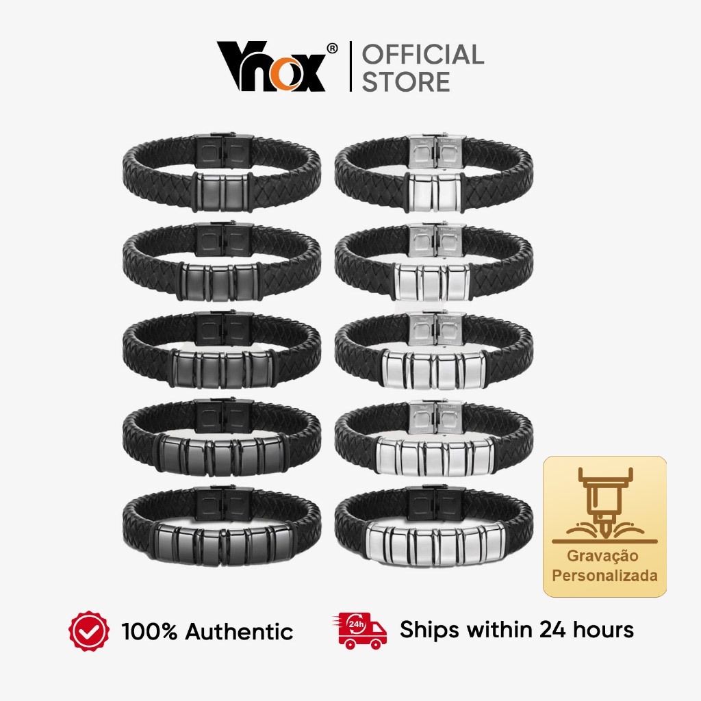 Vnox Fashion Men's Custom Leather Bracelet,Personalizado 2-6 Nomes Corda Tecida , Jóias De Presente Para Pai Namorado em Oferta na Shopee