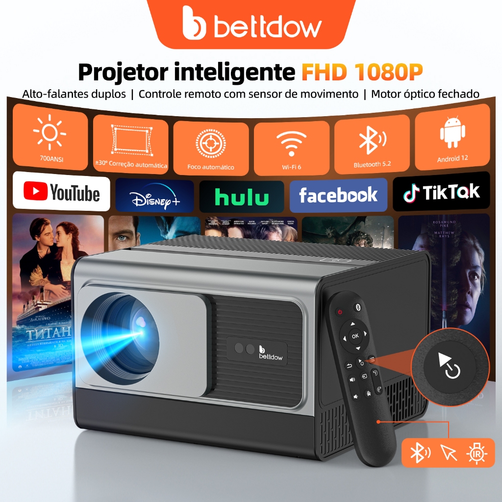 Projetor BETTDOW totalmente selado 4K/8K 800ANSI 17000 lúmens Android WiFi Projetor de filmes