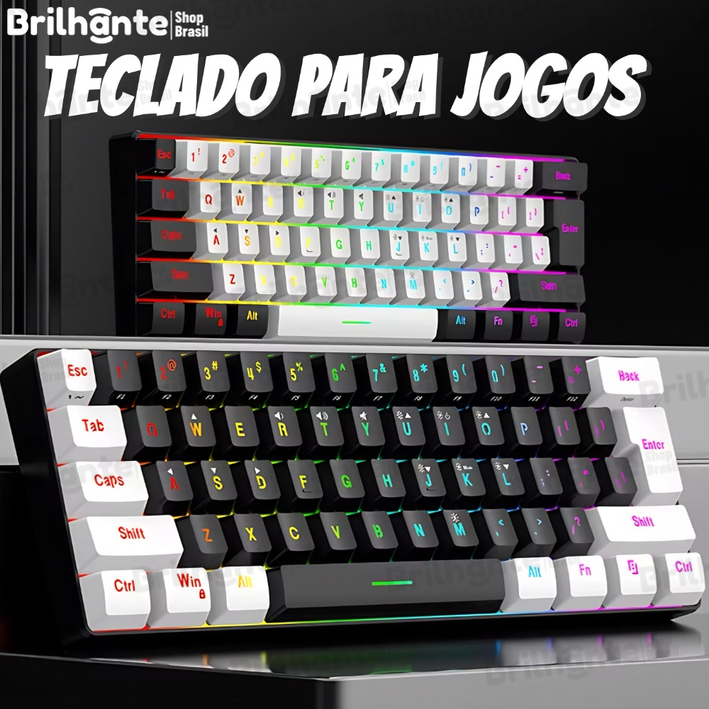 Teclado com fio 61 teclas RGB Backlight Mini cabo de alimentação plugável USB-C compacto-BI em Oferta na Shopee