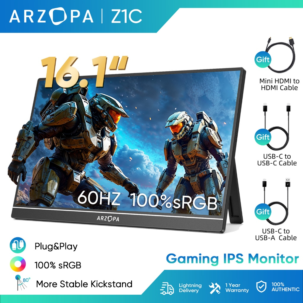 Arzopa Z1C-Monitor Portátil Com Suporte 100 % sRGB De 16.1 " , 1080P FHD Tela De Extensão De USB C HDMI Para PC , Mac