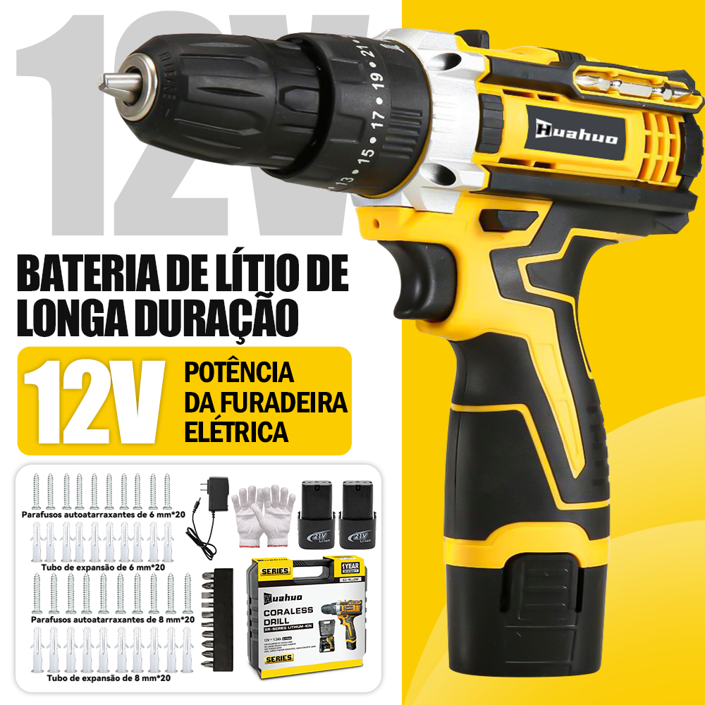 【110V/220V】Parafusadeira Furadeira 12V 2 Baterias Sem Fio Impacto Com Maleta Completo.