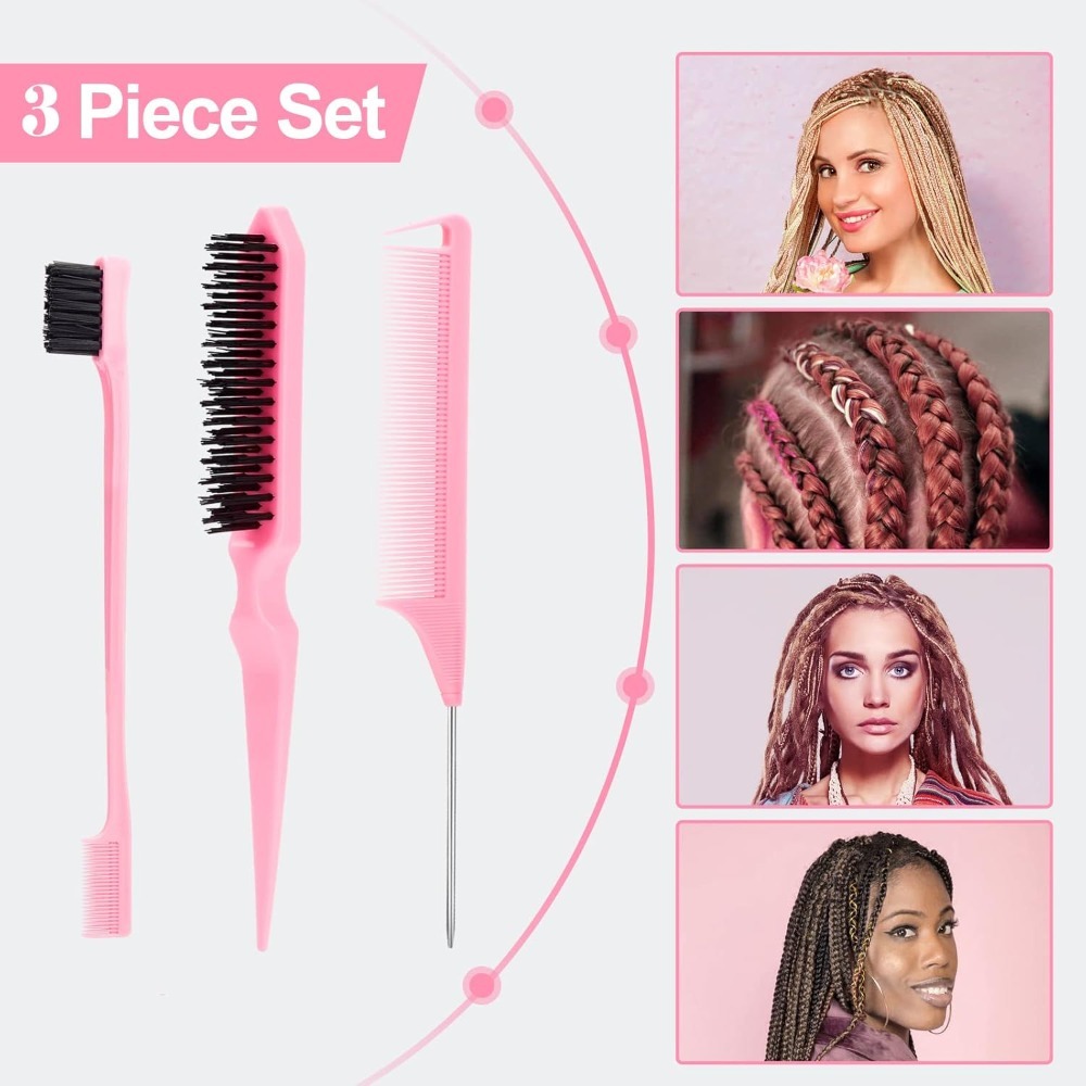 3 Pcs Slick Back Hair Brush, Rat Tail Comb, Edge | Bristle Brush, Hair Accessories for Girls, Kids, Toddlers Sleek Ponyt