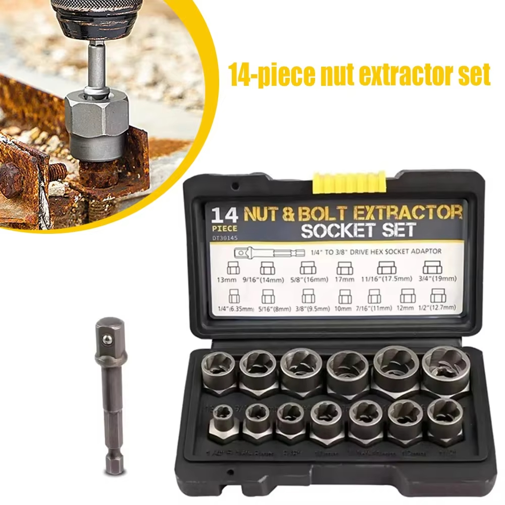 Conjunto de extrator de parafuso de 15 peças, porca danificada com manga de remoção de adaptador hexagonal de 3/8 polega