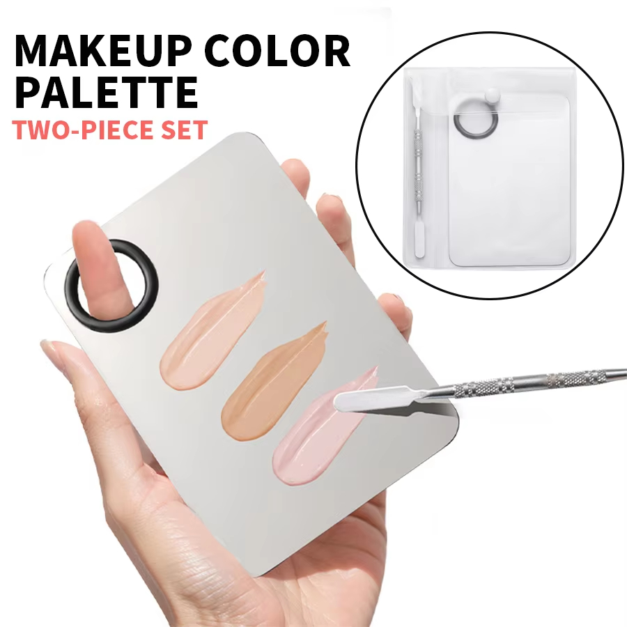 2PC Bandeja De Paleta De Aço Inoxidável Conjunto Haste Mistura Maquiagem Toner Espátula Vara Fundação Creme Cosméticos C
